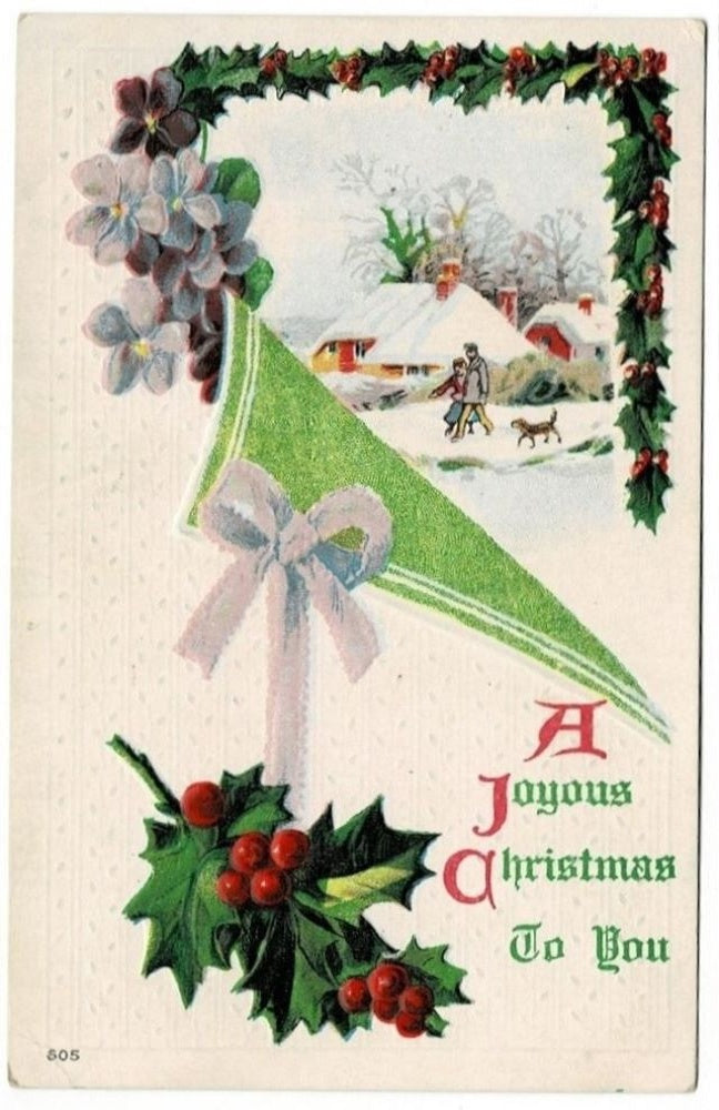 1913 Snowy Winter Scene With Dog Antique Vintage Christmas Postcard.