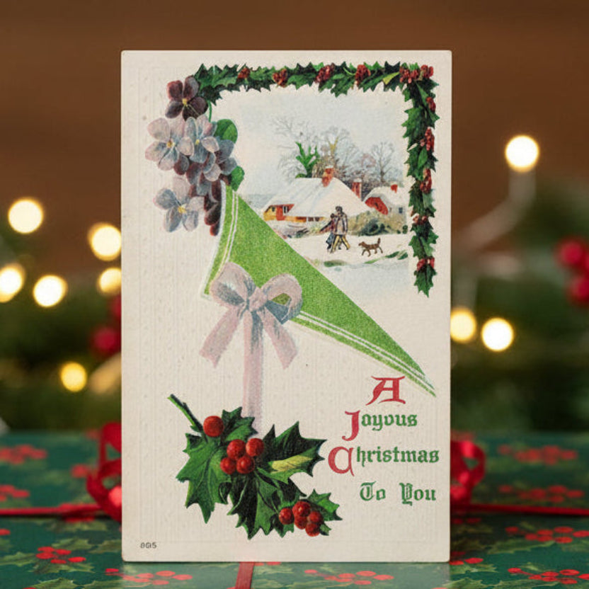 1913 Snowy Winter Scene With Dog Antique Vintage Christmas Postcard.