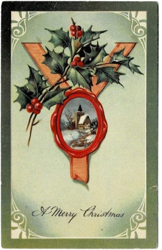 1908 Sealing Wax and Winter Pastoral Antique Vintage Christmas Postcard.