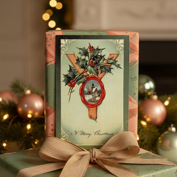 1908 Sealing Wax and Winter Pastoral Antique Vintage Christmas Postcard with holly design on a decorated gift box.