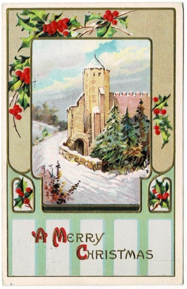 1916 Medieval Castle in Winter Antique Vintage Christmas Postcard.
