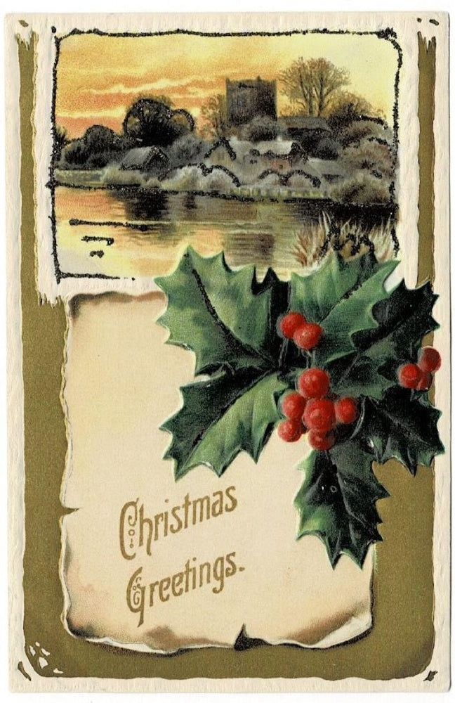Real Glitter Accents Winter Pastoral Vintage Christmas Postcard Card