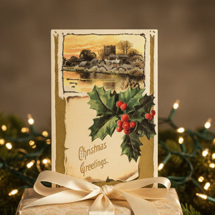 Real Glitter Accents Winter Pastoral Vintage Christmas Postcard Card.