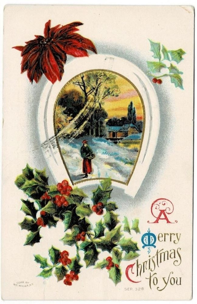 1910 Lucky Horseshoe & Blustery Winter Scene Vintage Postcard.