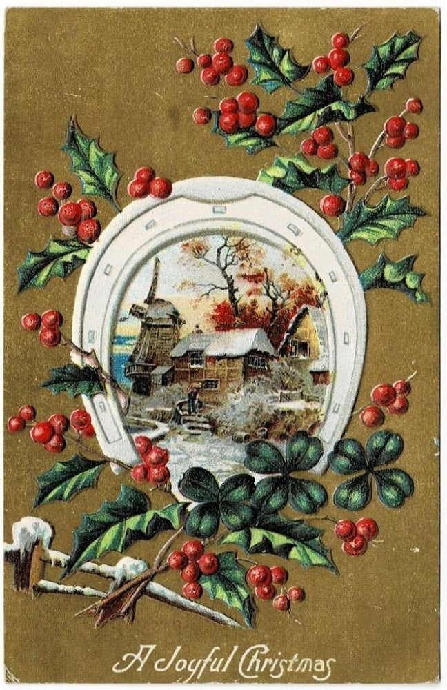 Gilded Age Winter Windmill Pastoral Holly Vintage Christmas Postcard.