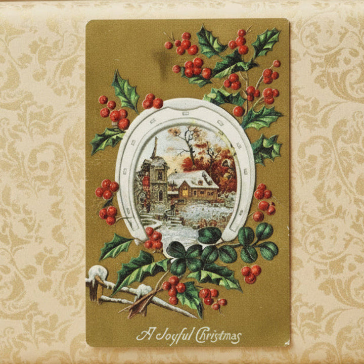 Gilded Age Winter Windmill Pastoral Holly Vintage Christmas Postcard on a gold background.