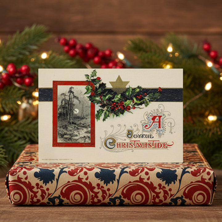 1912 Christmastide by Winsch Vintage Postcard shown as gift topper.