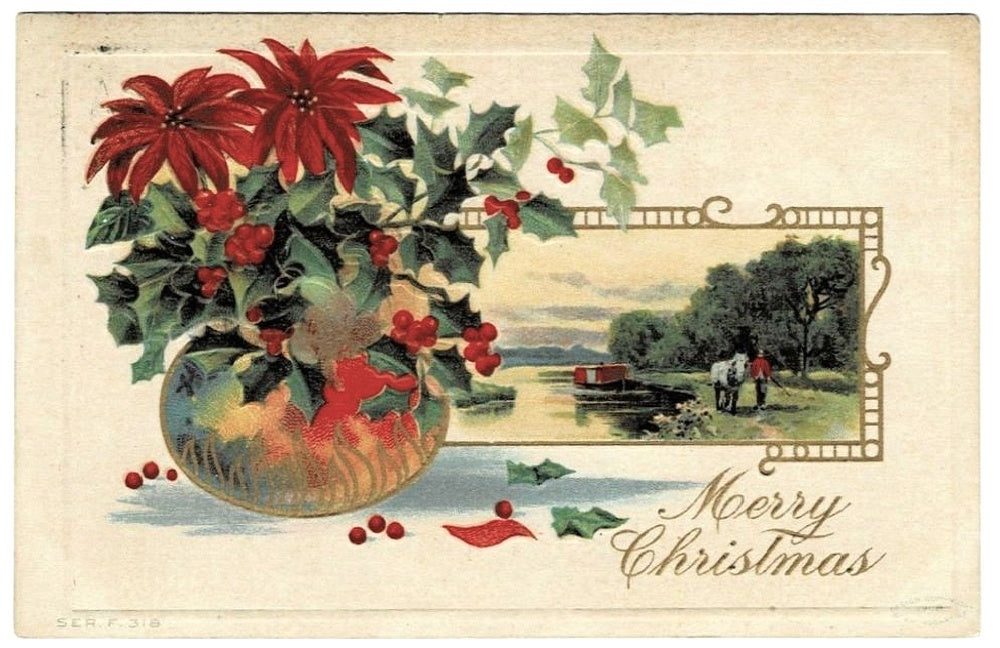 1912 Horse Drawn Barge in Canal Vintage Christmas Postcard.