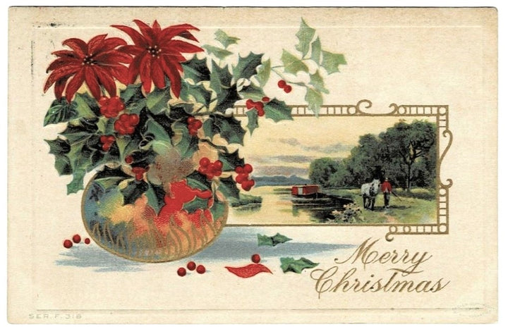 1912 Horse Drawn Barge in Canal Vintage Christmas Postcard.