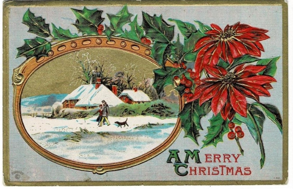 1910 Walking Dog in Snow Antique Vintage Christmas Postcard Card.