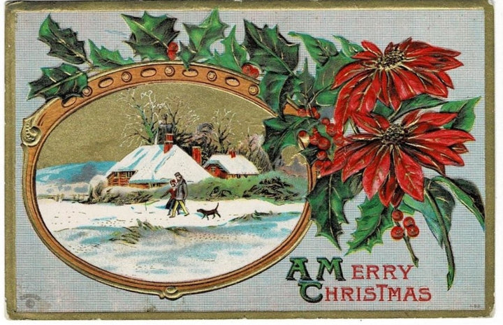 1910 Walking Dog in Snow Antique Vintage Christmas Postcard Card.