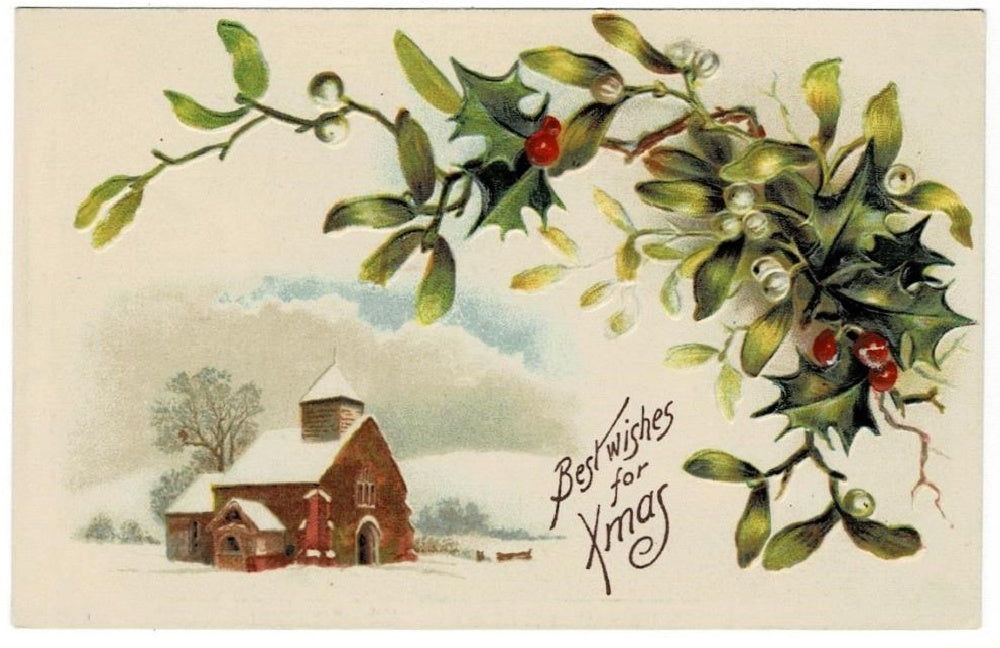 1908 Country Church in Snowy Setting Vintage Christmas Postcard.