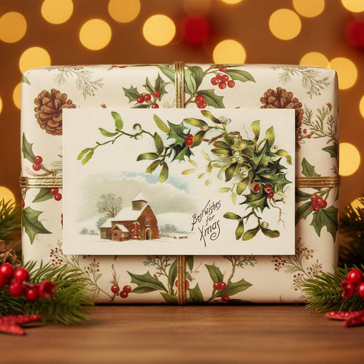 Christmas-themed gift box with a 1908 Country Church in Snowy Setting Vintage Christmas Postcard.