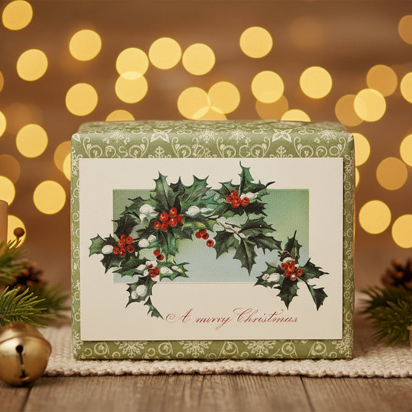 Decorative Christmas box 1908 Christmas Holly & Berries Vintage Christmas Postcard against a light background.