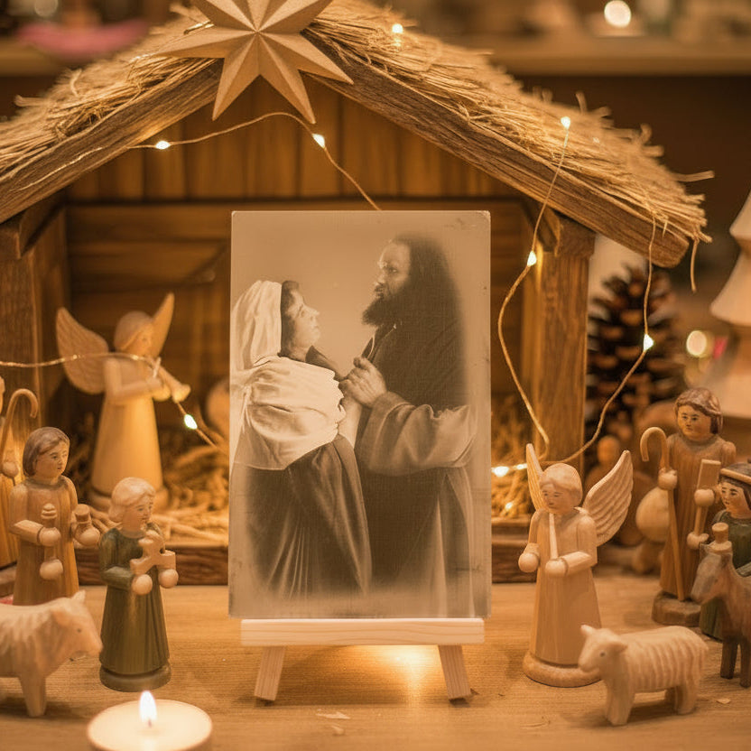 Nativity scene with a 1910 Passion Play Oberammergau Germany Vintage Christmas Postcard Mary Jesus RPPC on an easel.