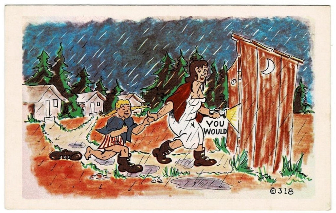 1950 Outhouse in the Rain Vintage Hillbilly Comic Postcard