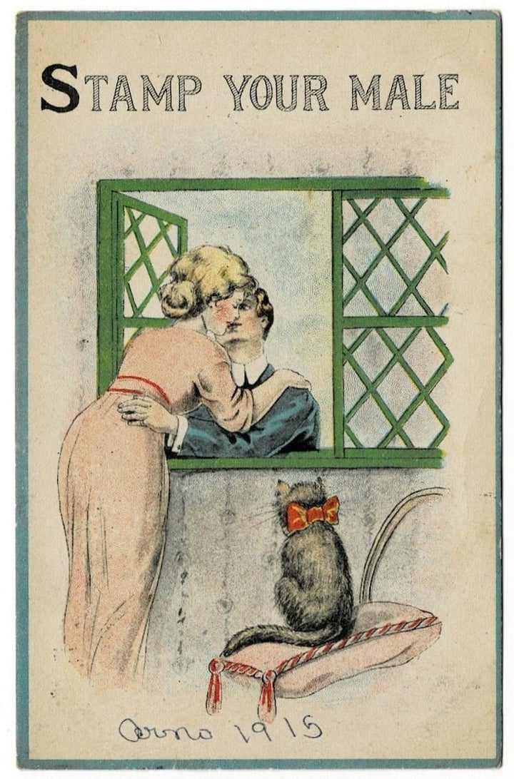 1915 Stamp Your Male Vintage Kissing Postcard