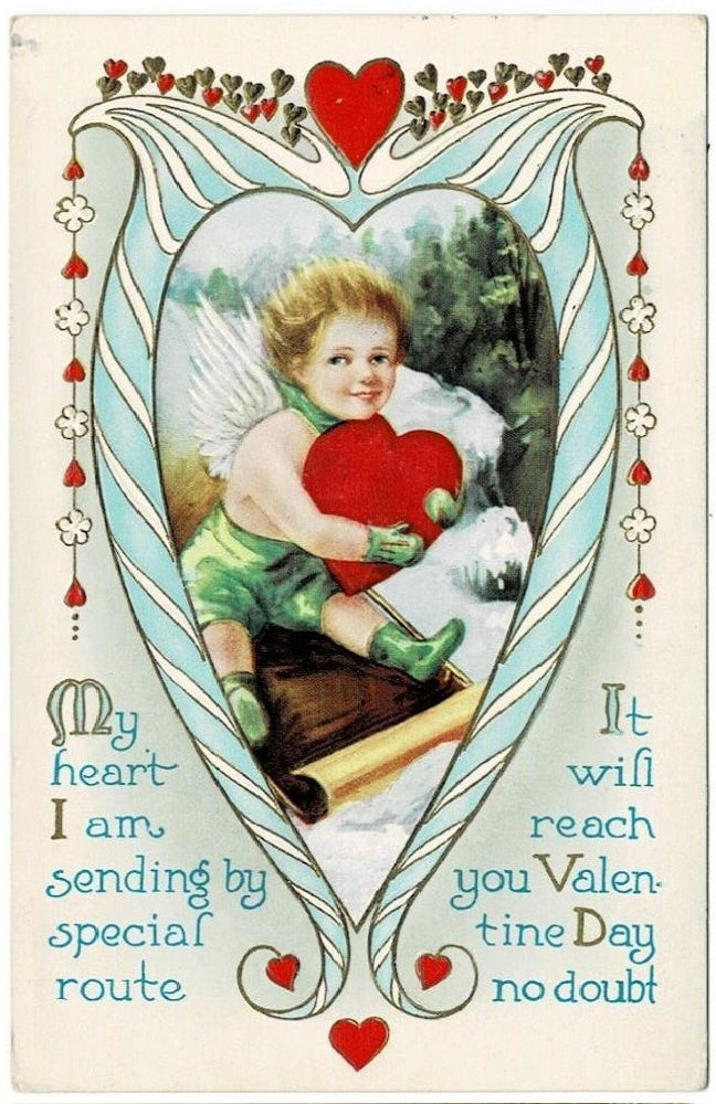 1914 Sending My Heart Vintage Romance Valentine Postcard.