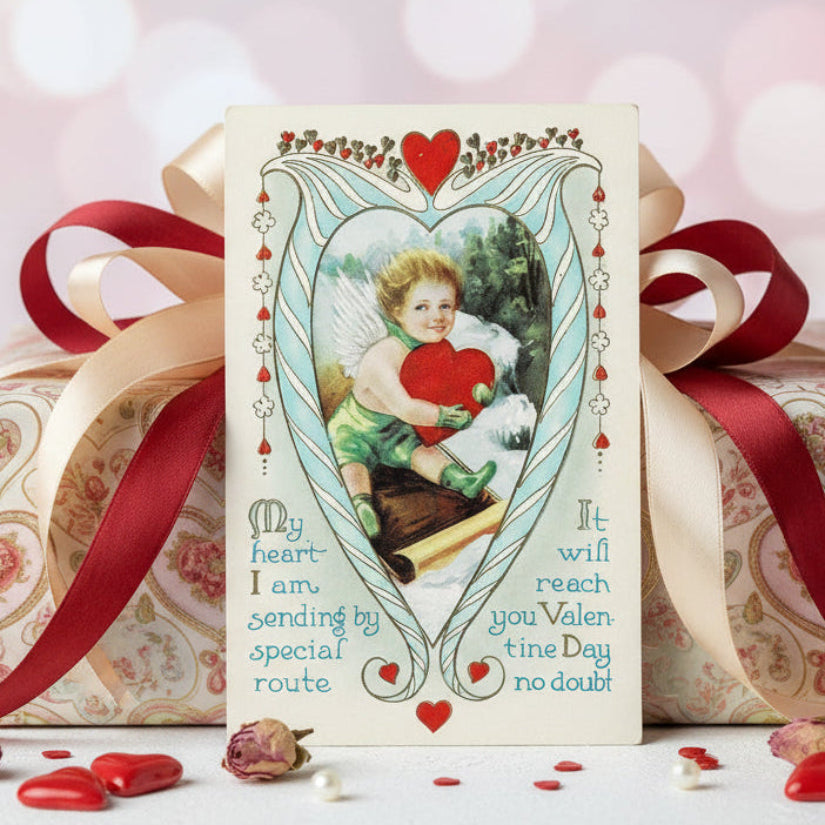 1914 Sending My Heart Vintage Romance Valentine Postcard.