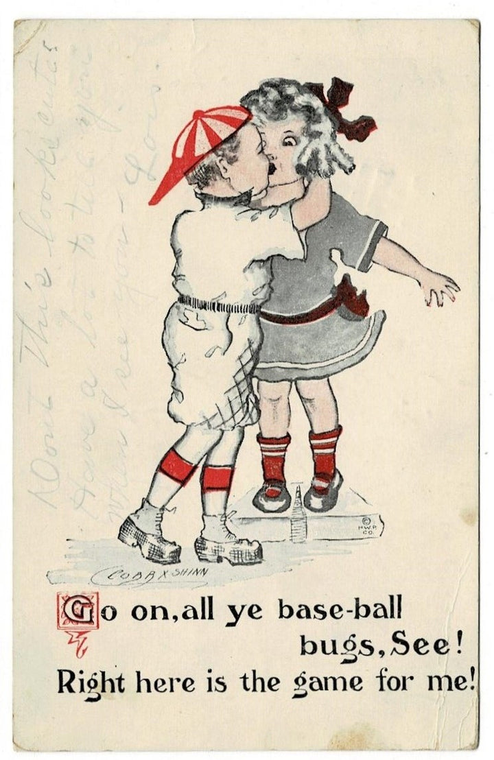 1913 First Base Baseball Vintage Kissing Postcard by Cobb X