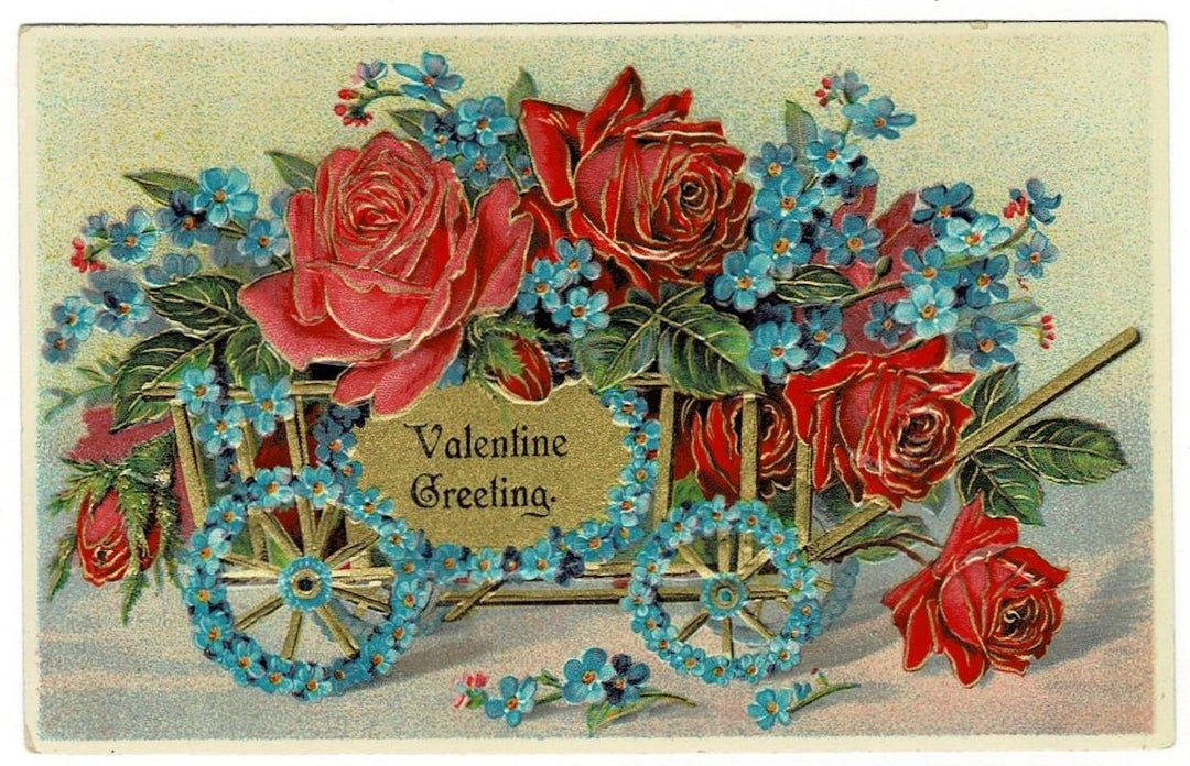 1910  Roses Forget-Me-Nots Flower Cart Vintage Valentine Postcard