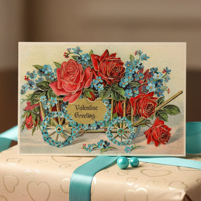 1910 Roses Forget-Me-Nots Flower Cart Vintage Valentine Postcard Card.