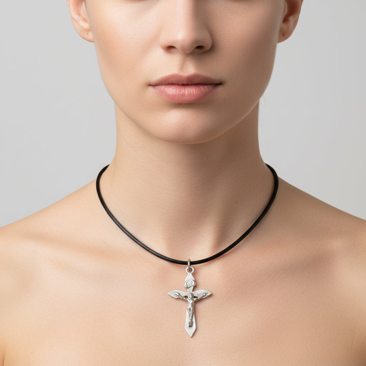 Catholic Crucifix Pendant Eloxal Aluminum Religious Medal on a model on a white background