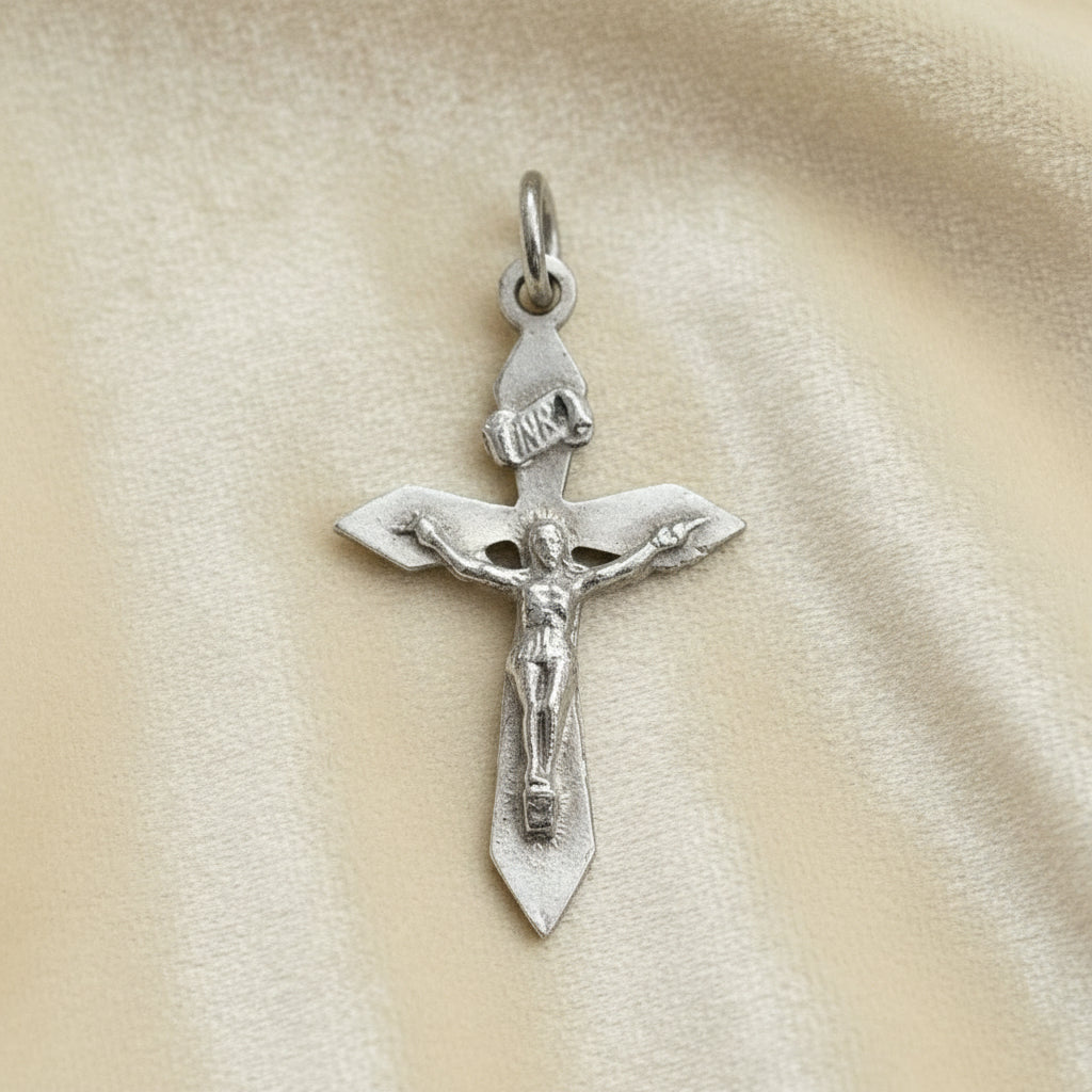 WWII 1940s Vintage Art Deco Catholic Crucifix Pendant Eloxal Aluminum Religious Medal.