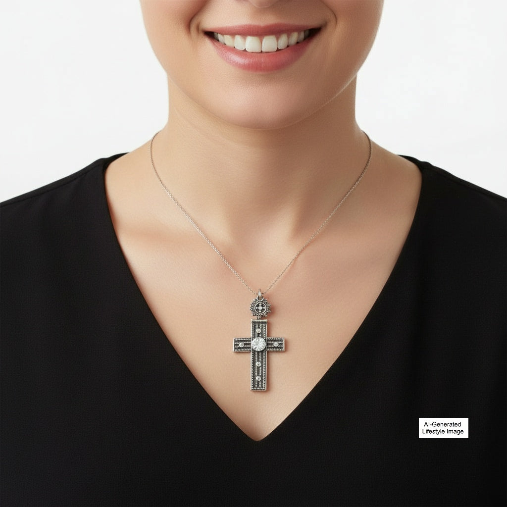 1980s Vintage Sterling Silver Mexican Mayan Cross Pendant