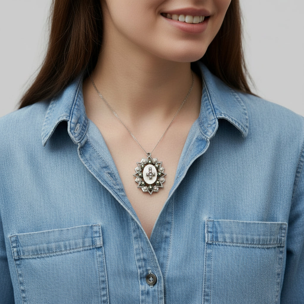 Person wearing a blue denim shirt with a necklace featuring a A vintage 1950s pendant featuring a cross with faceted Aurora Borealis stones and simulated pearls, set against an oval mother-of-pearl center, with intricate eloxal metalwork.