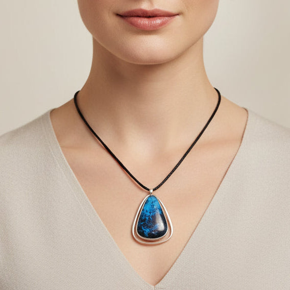 Frances Holmes Boothby Modernist Kinetic Dumortierite Sterling Pendant worn by a woman with plain background.