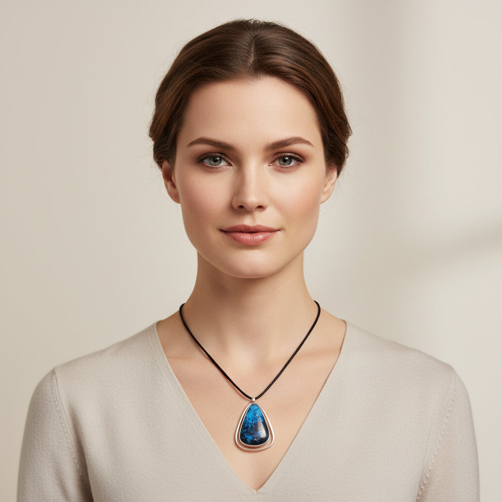 Frances Holmes Boothby Modernist Kinetic Dumortierite Sterling Pendant worn by a woman with plain background.