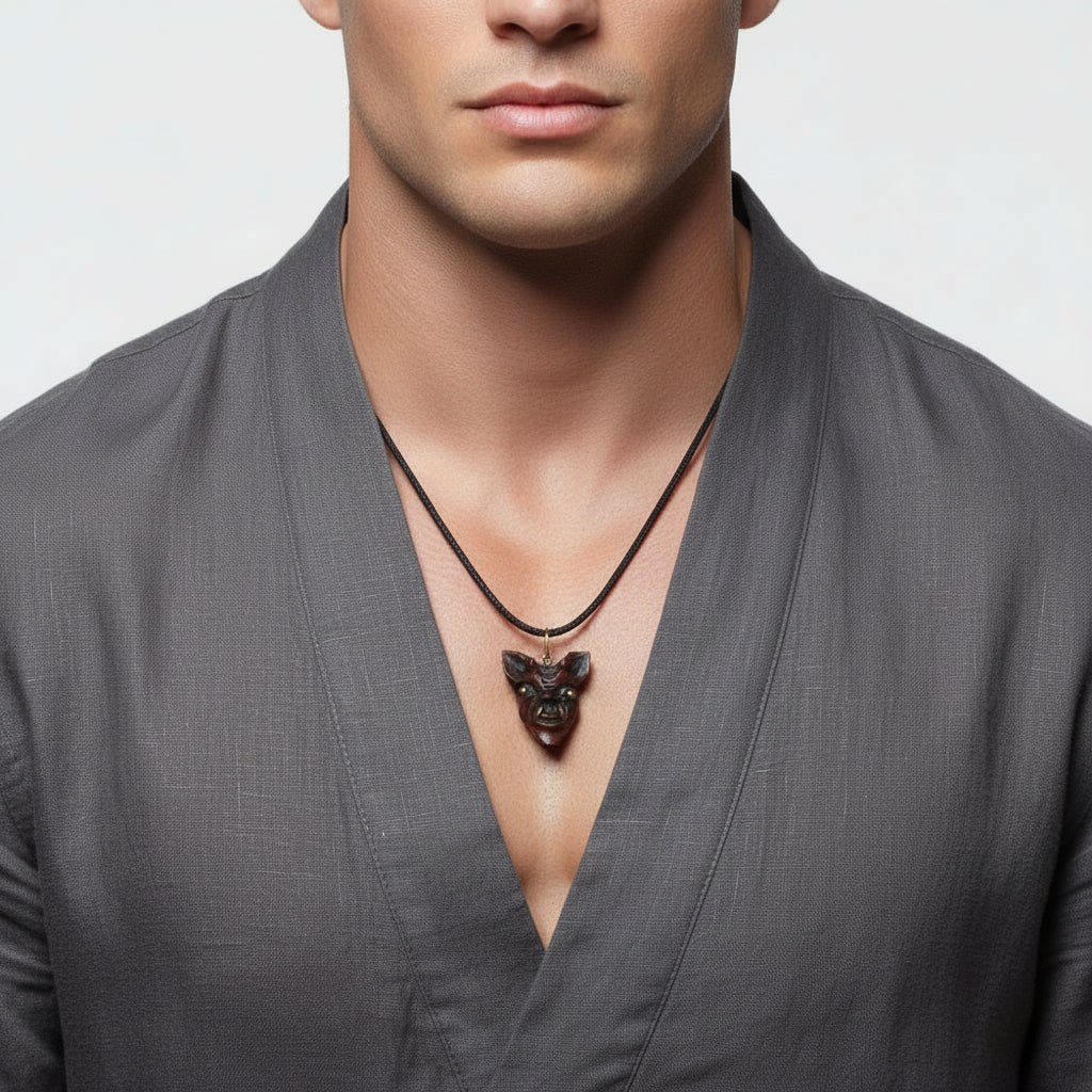 1960 Vintage Samurai Oni Hannya Mask Warthog Pendant  on man in kimono.