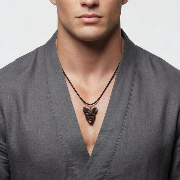 1960 Vintage Samurai Oni Hannya Mask Warthog Pendant  on man in kimono.