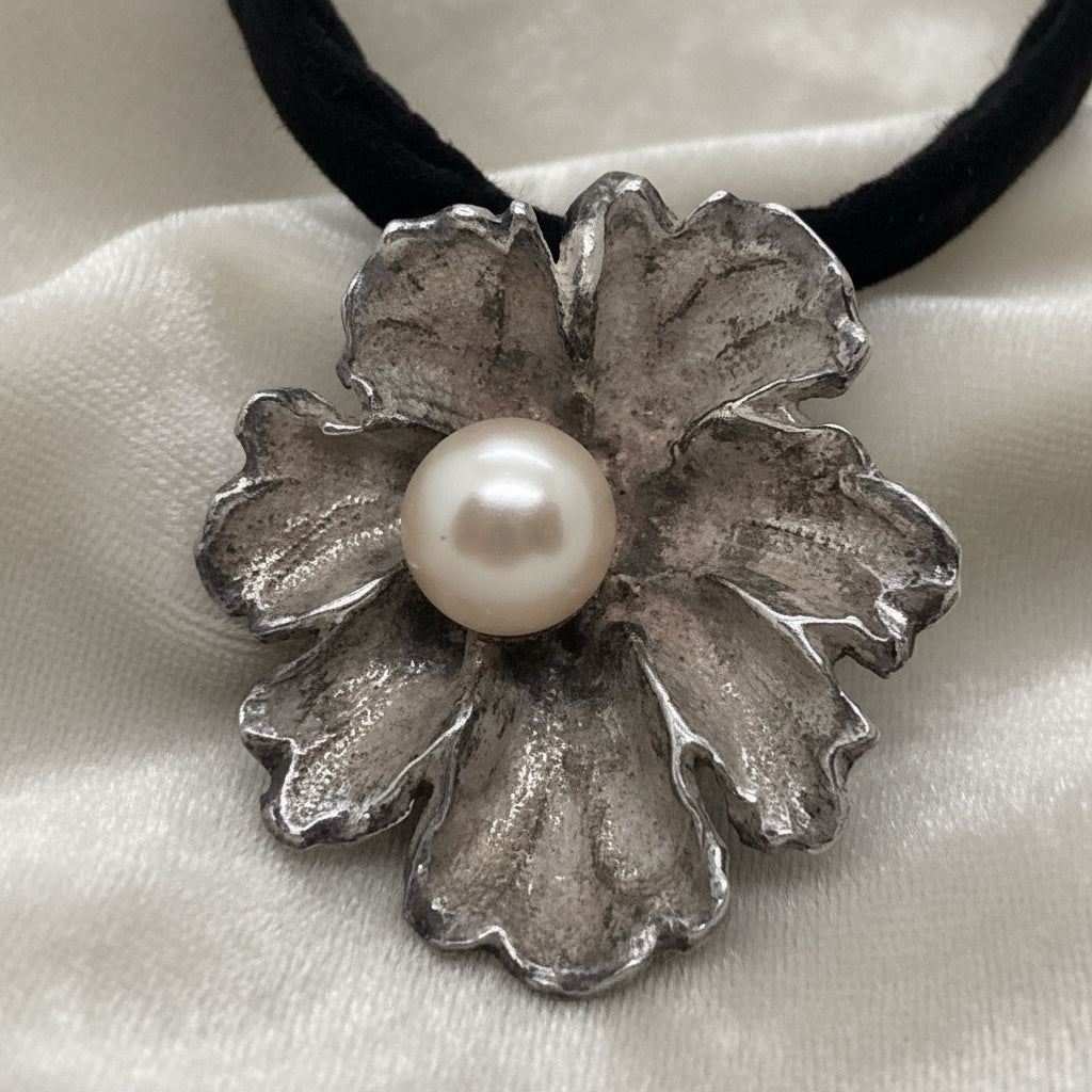 Silver Flower and Pearl Pendant on velvet ground.