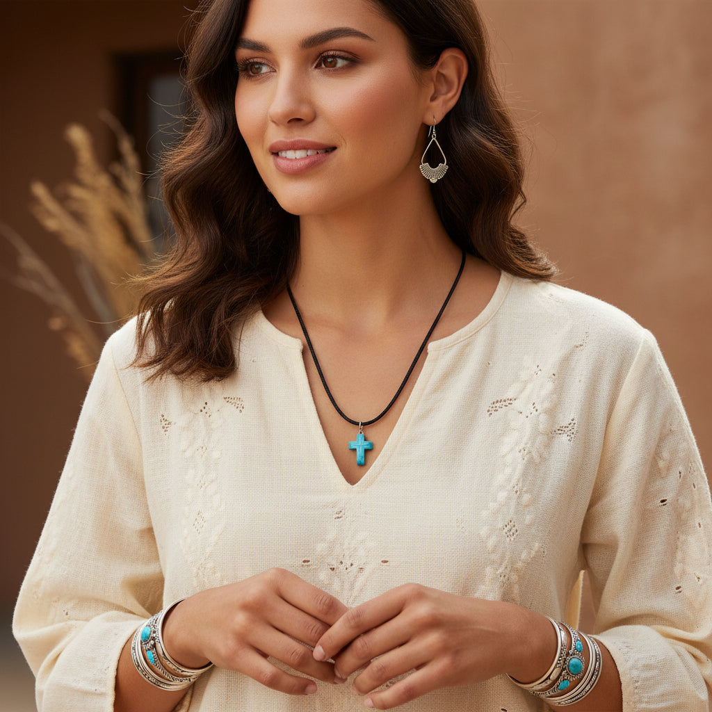 Woman wearing a necklace with a cross pendant in a warm-toned setting