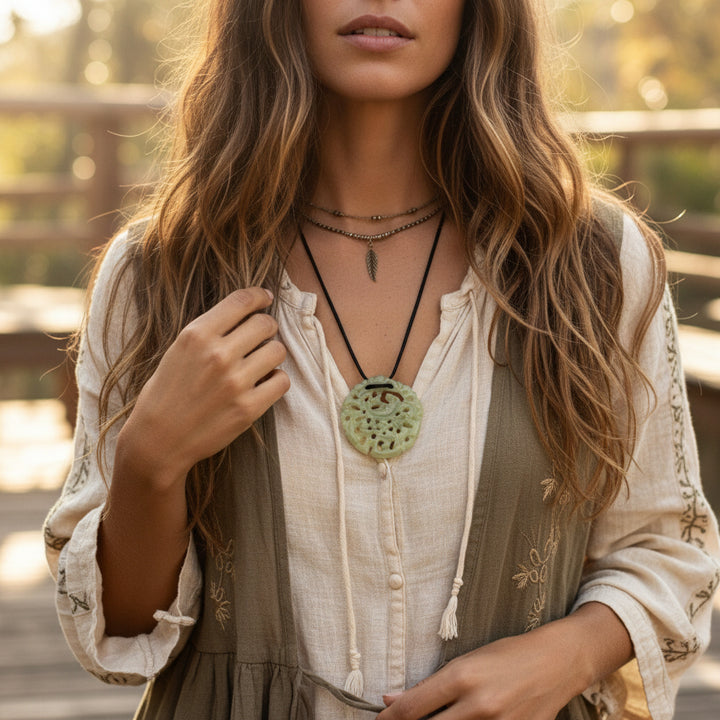 Bowenite pendant on a black cord displayed on a woman.