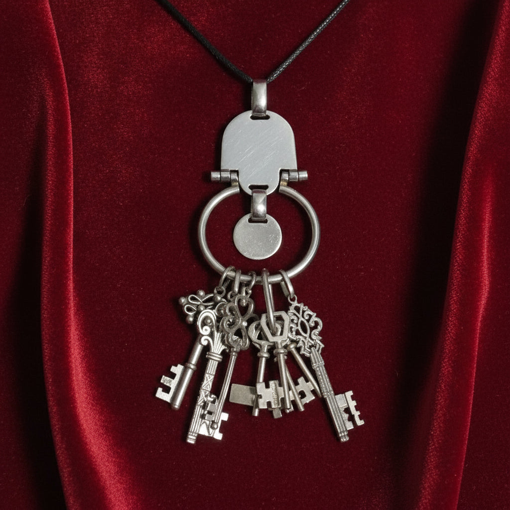 Sterling Silver Chatelaine Skeleton Keys Pendant, 1970s vintage.