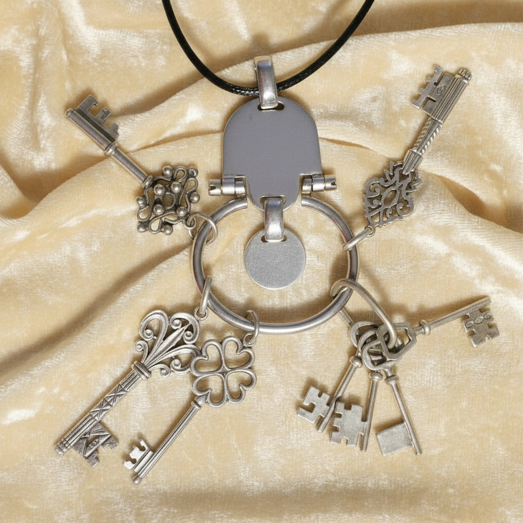 Sterling Silver Chatelaine Skeleton Keys Pendant, 1970s vintage.