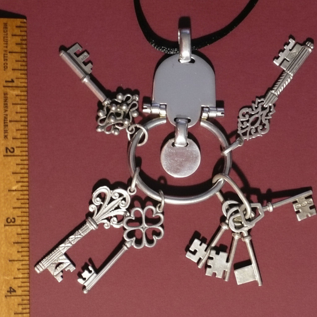 Sterling Silver Chatelaine Skeleton Keys Pendant, 1970s vintage.
