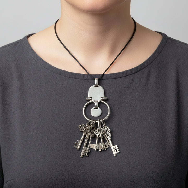 Sterling Silver Chatelaine Skeleton Keys Pendant, 1970s vintage.