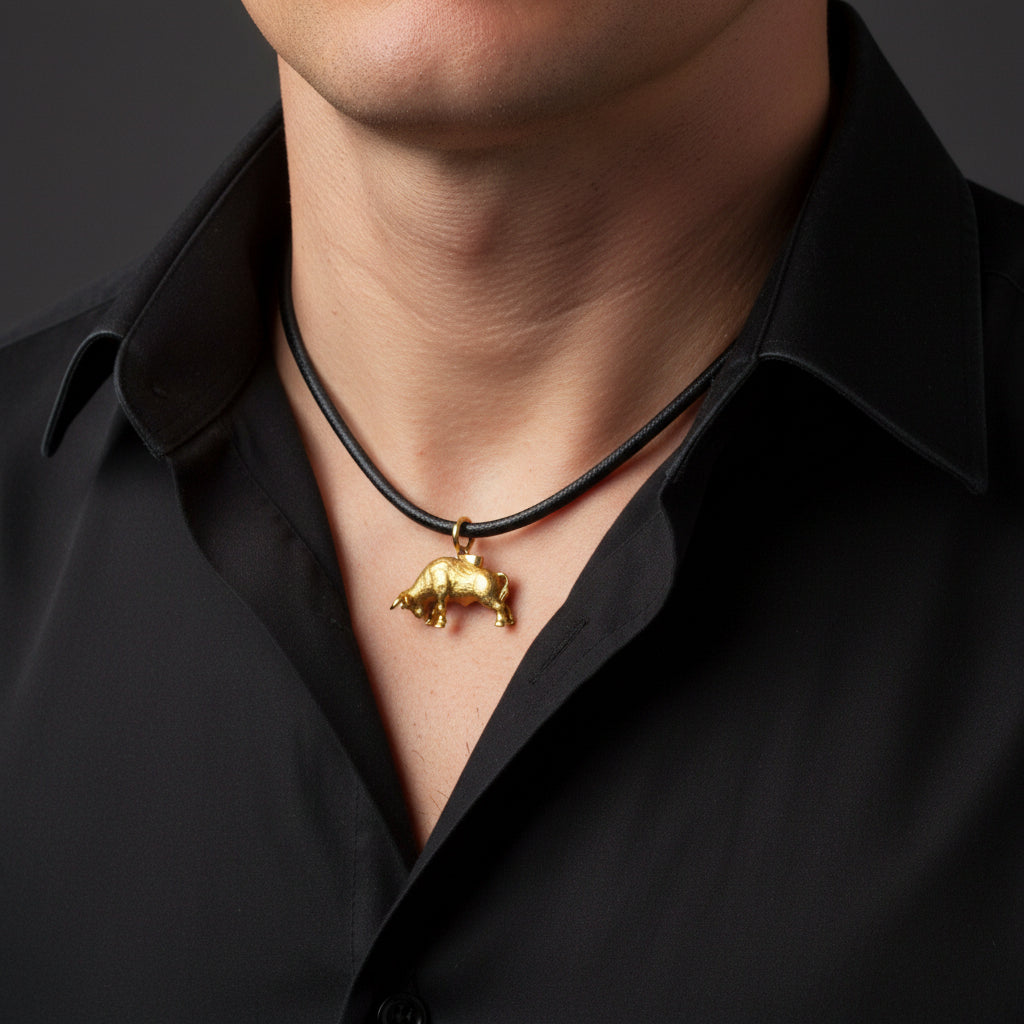 Gold bull pendant on a black cord necklace worn by a person in a black shirt.