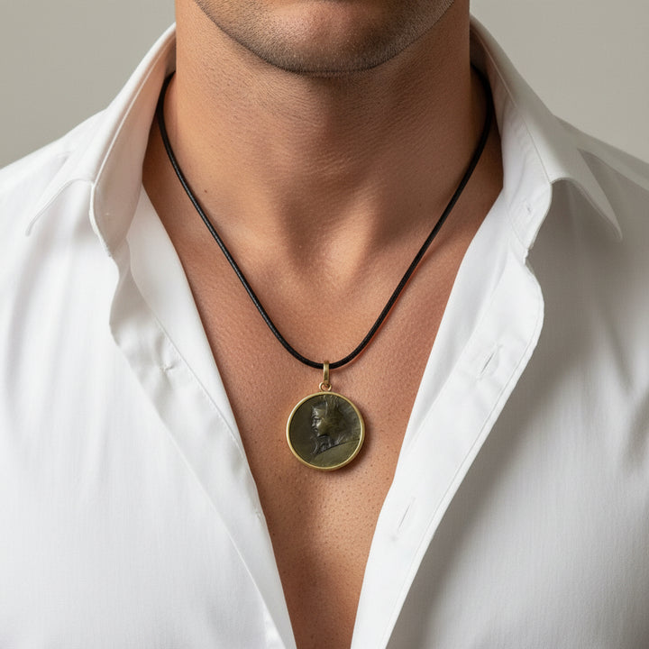 Necklace with a 1980s Vintage 24k Gold and Bronze Perseus Medallion Pendant worn by a man in a white shirt