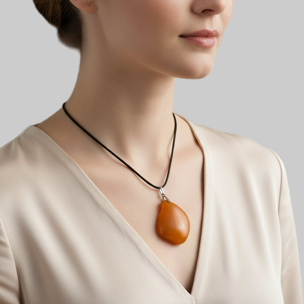 Woman wearing a necklace with a Large 1950s Vintage Soviet Baltic Amber Pendant against a neutral background