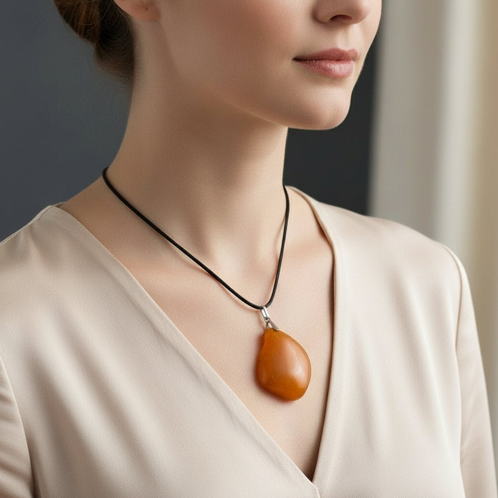 Woman wearing a necklace with an amber pendant on a plain background.