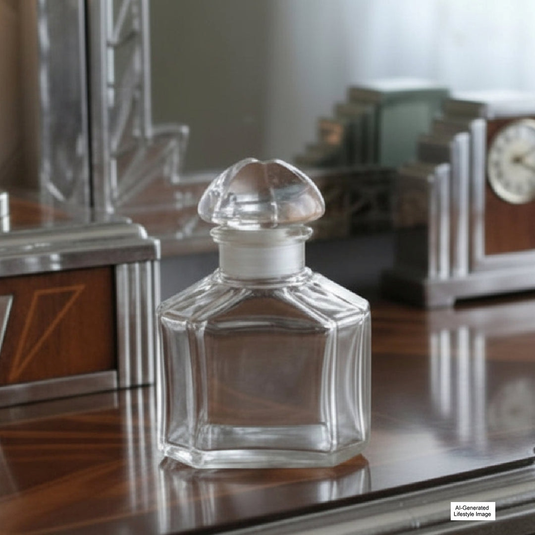Ai-generated lifestyle image of Cristalleries de Nancy Art Deco Crystal Perfume Bottle on an Art Deco dressing table top.
