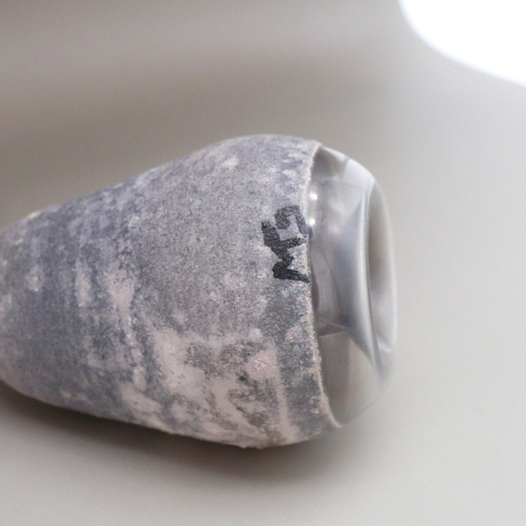 A close-up of the signature on 1960s Blue Miniature Amphora by Mingus Glass, Argentina.