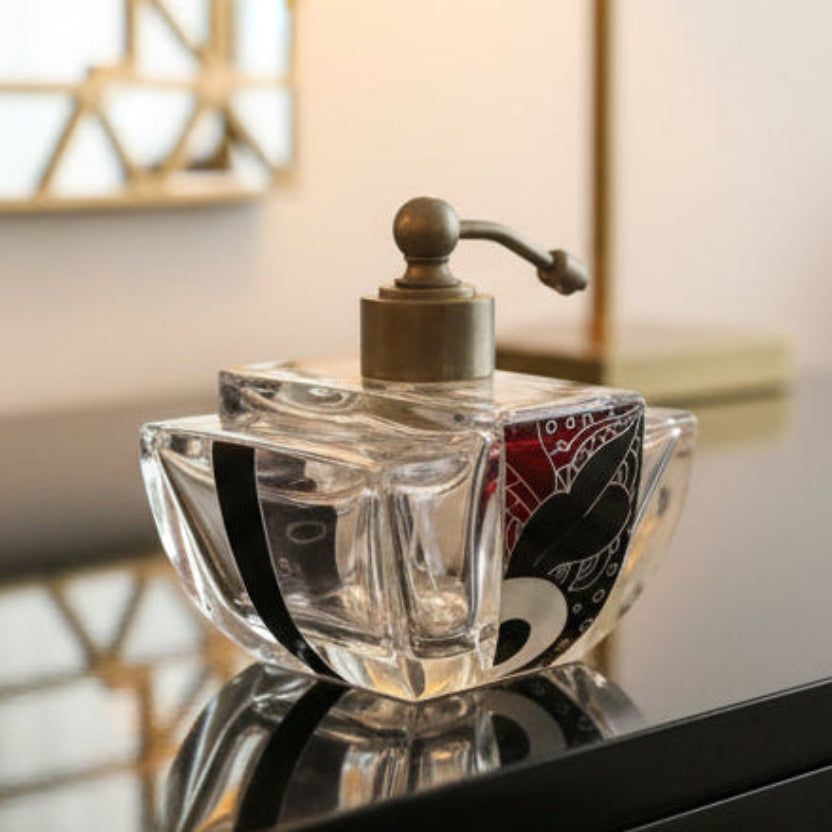 1930 Czech Art Deco Luxury Karl Palda Perfume Atomizer on a reflective surface