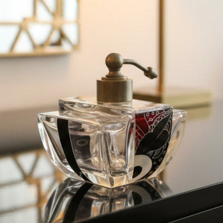 1930 Czech Art Deco Luxury Karl Palda Perfume Atomizer on a reflective surface
