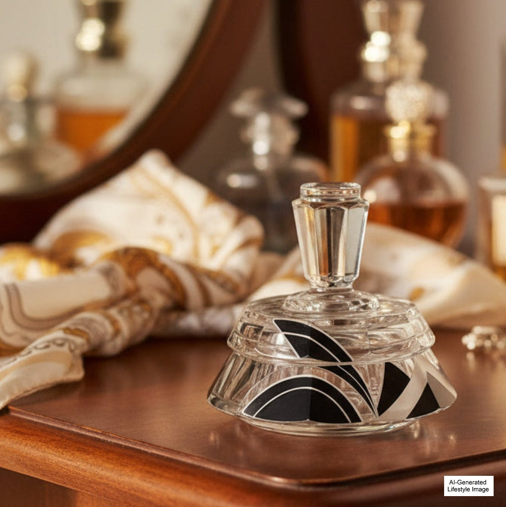 Ai-generated lifestyle image of 1930s Karl Palda Art Deco Vanity Powder Jar.